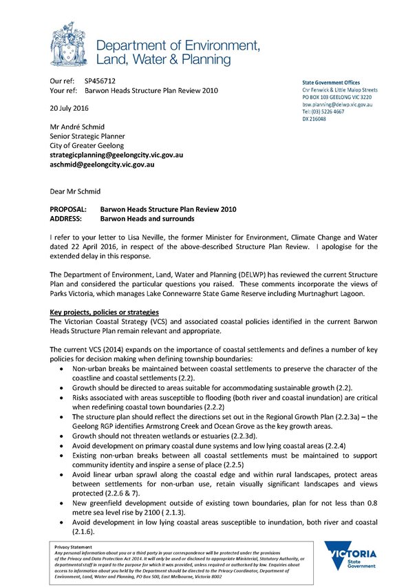 Department of Environment, Land, Water & Planning letter - page 1 0f 4