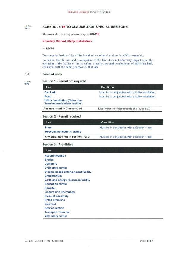 Clause 37.01 Special Use Zone Schedule 16 - Privately Owned Utility Installation page 1 of 3