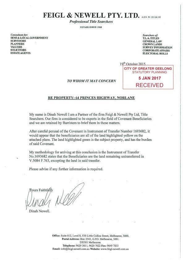 Letter from Feigl and Newell Pty Ltd