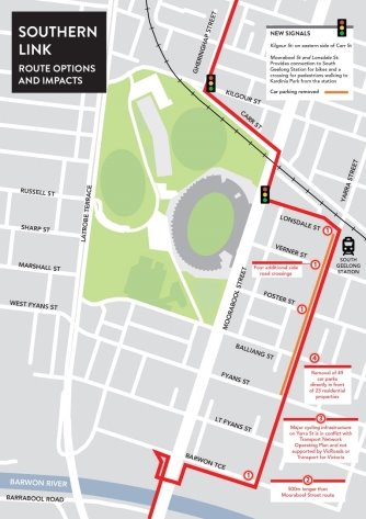 Southern Link - route options and impacts - Moorabool Street bridge, Yarra Street, Lonsdale Street and Carr Street