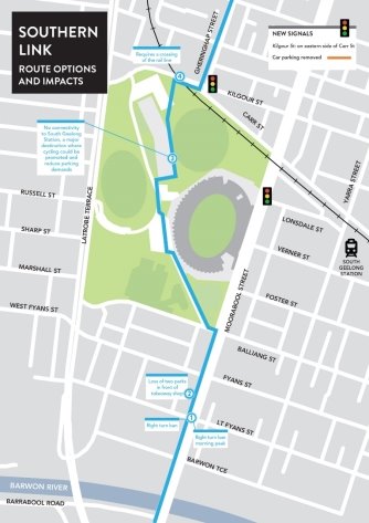 Southern Link - route options and impacts - Moorabool Street and Kardinia Park