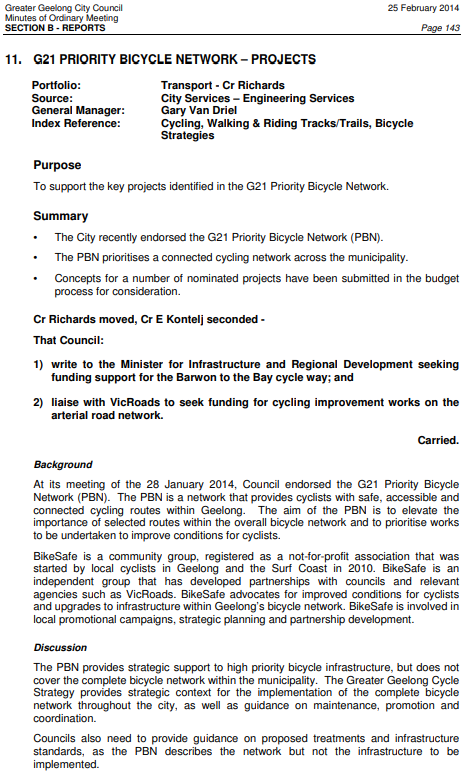 Council Meeting Minutes – G21 Priority Bicycle Network - Projects - page 1