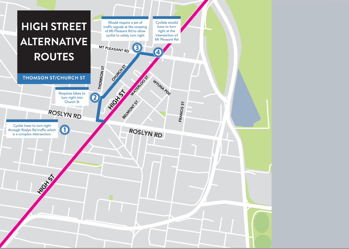 Route Assessments - Roslyn Road to Barwon Heads Road - Map showing High Street alternate route - Thomson/Church Streets