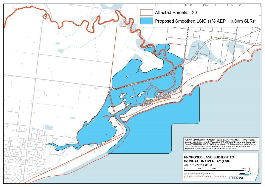 Proposed Land Subject to Inundation Overlay - Map 10 Breamlea