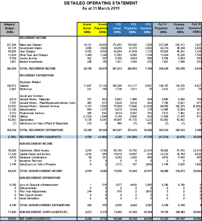 Detailed operating statement as at 31 March 2019