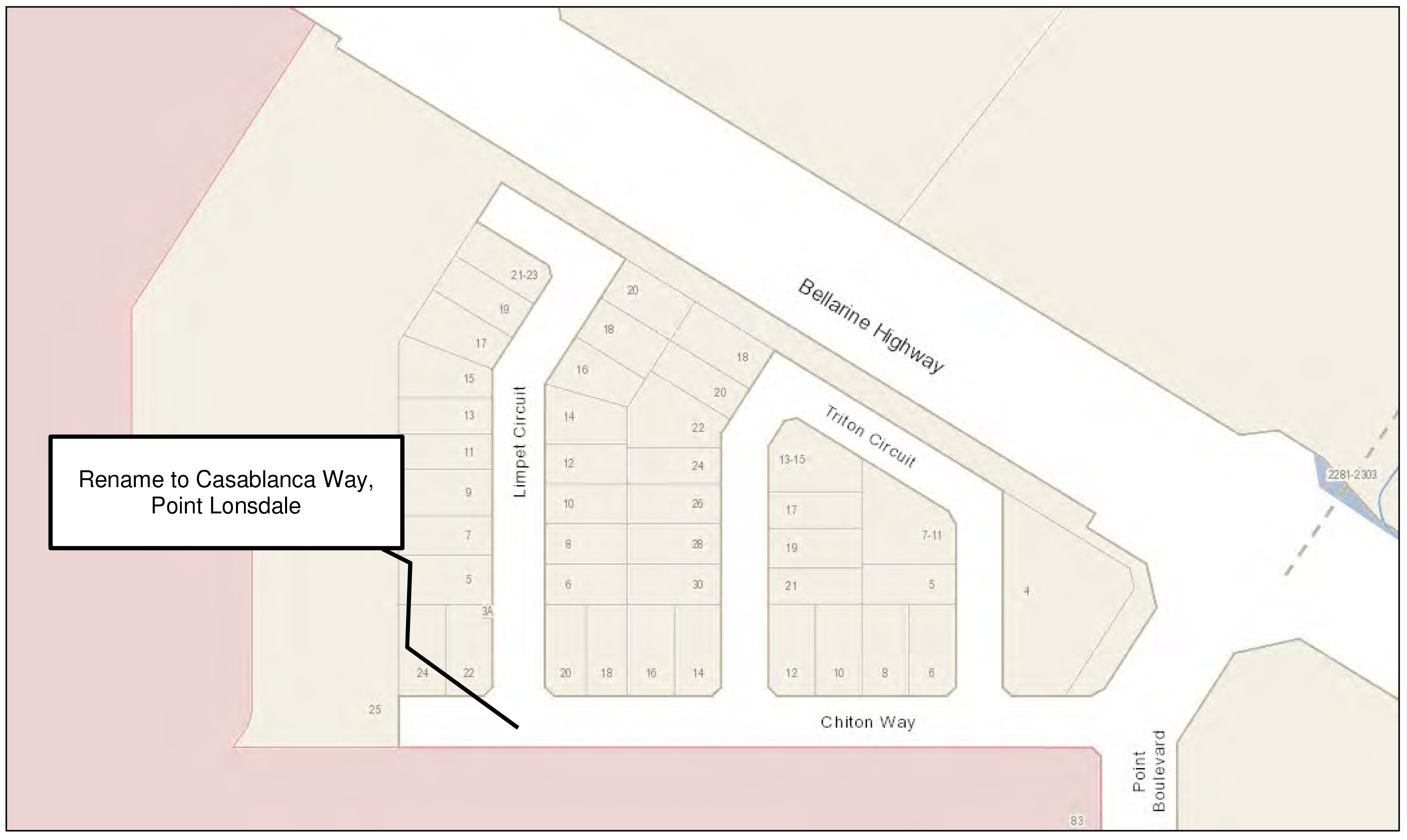 map showing Chiton Way - proposal to rename to Casablanca Way