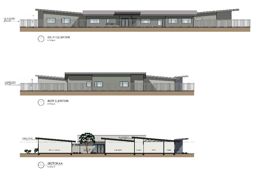 South and West elevations, and Section AA