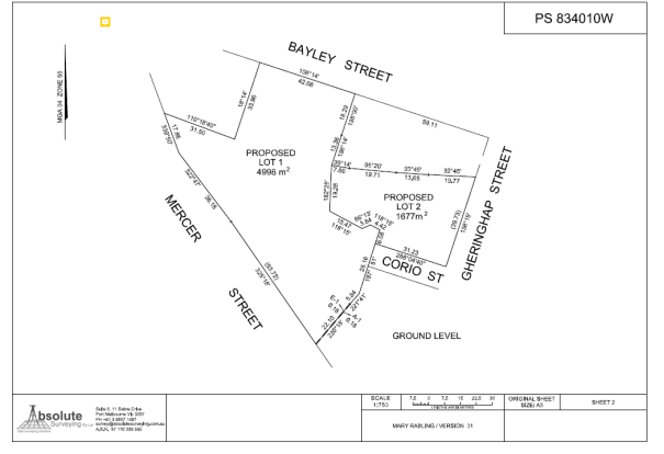 Bayley Street through to Mercer Street and Corio Street- proposed lot 1 (4996 metres squared), proposed lot 2 (1677 metres squared)