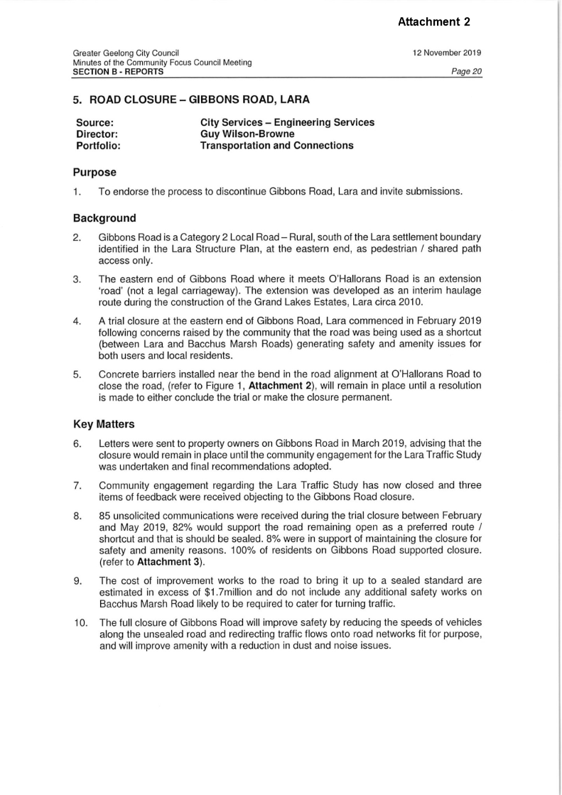 Attachment 2 - page 1 of Road Closure - Gibbons Road Lara Report - 12 November 2019