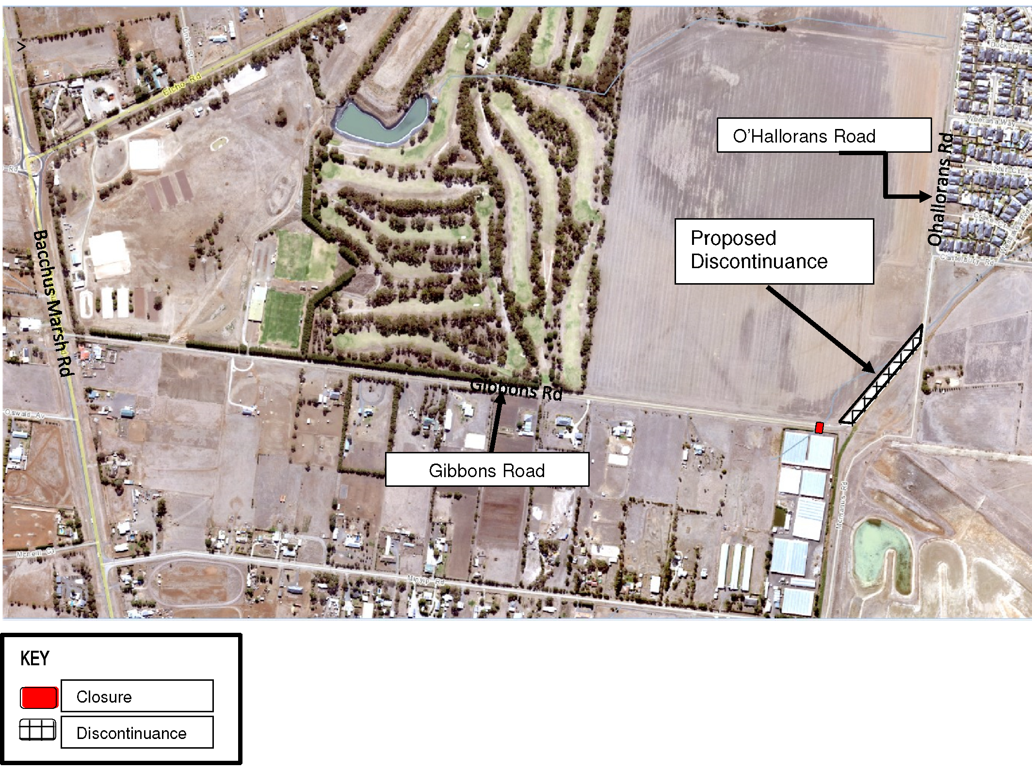 Aerial image showing O'Hallorans Road, Proposed discontinuance and Gibbons Road. Image also provides a key to explain the use of red for the closure and a hatched pattern for the discontinuance