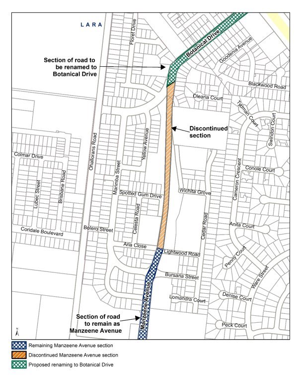 Map showing section of road to remain as Manzeene Avenue, the discontunued section and the proposed section being renamed Botanical Drive