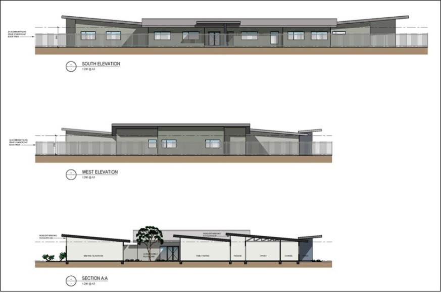 South and West elevations and Section A:A