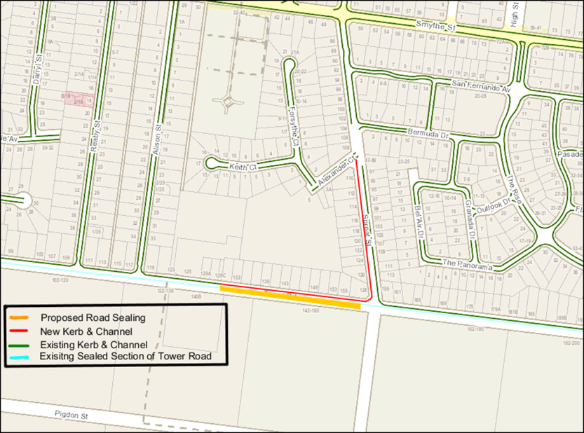 Map of proposed road sealing showing new kerb and channel, existing kerb and channel and existing sealed section of Tower Road