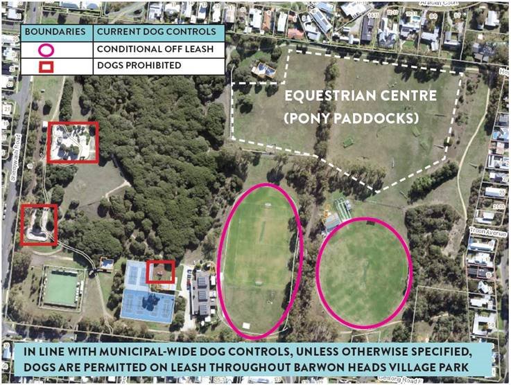 Aerial image showing boundaries were conditional off leash can occur and areas where dogs are prohibited