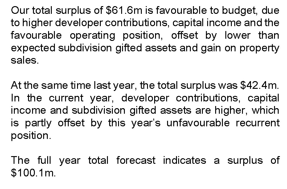 Our total surplus of $61.6m is favourable to budget, due to higher developer contributions, capital income and the favourable operating position, offset by lower than expected subdivision gifted assets and gain on property sales.  At the same time last year, the total surplus was $42.4m. In the current year, developer contributions, capital income and subdivision gifted assets are higher, which is partly offset by this year’s unfavourable recurrent position.  The full year total forecast indicates a surplus of $100.1m.